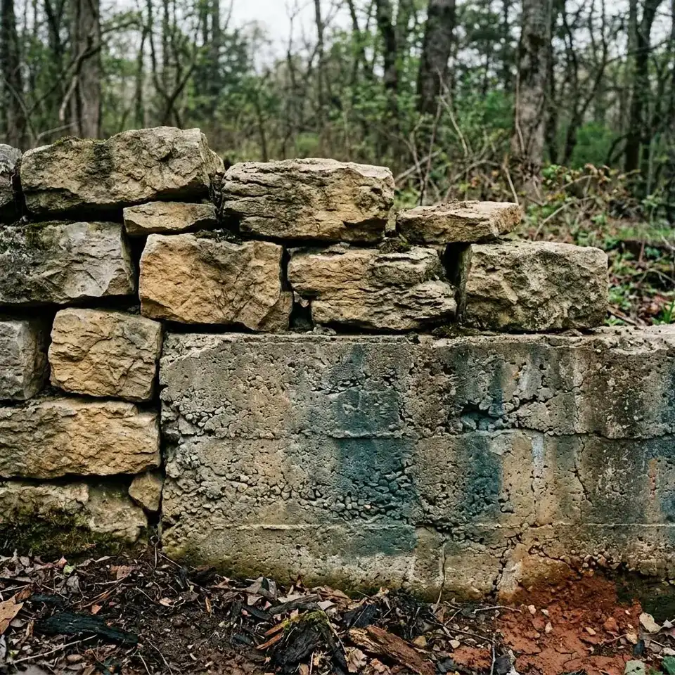 Weathered concrete foundation wall beside stacked limestone