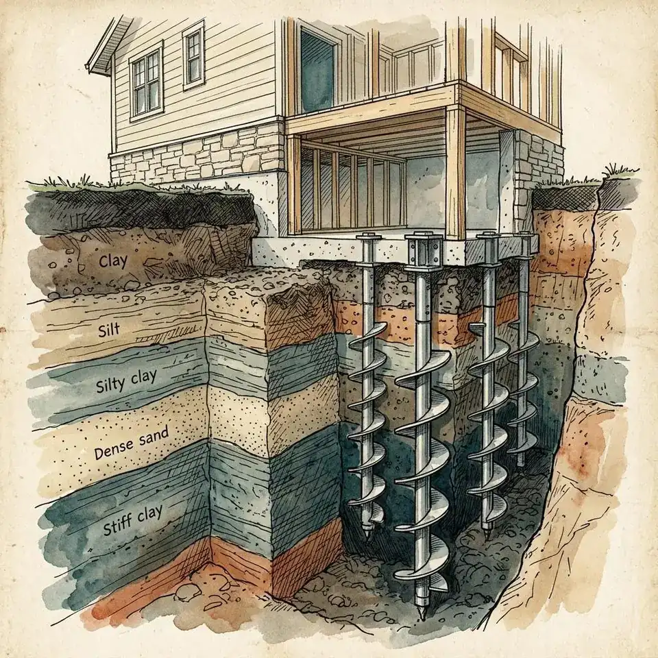 Illustration of helical piers turned into the ground beneath a footing.