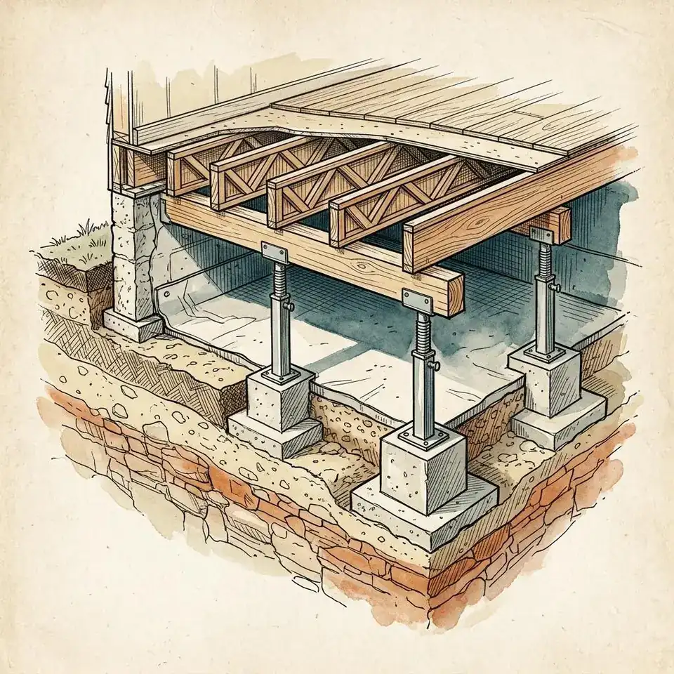Illustration of adjustable steel posts shortening girder spans under a floor.