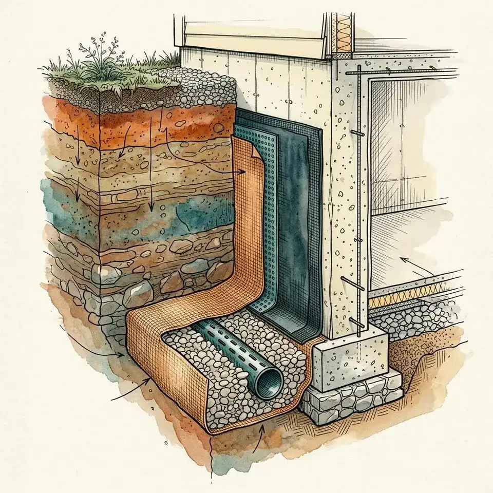 Illustration of a membrane, drainage layer, and footing drain on a basement wall.