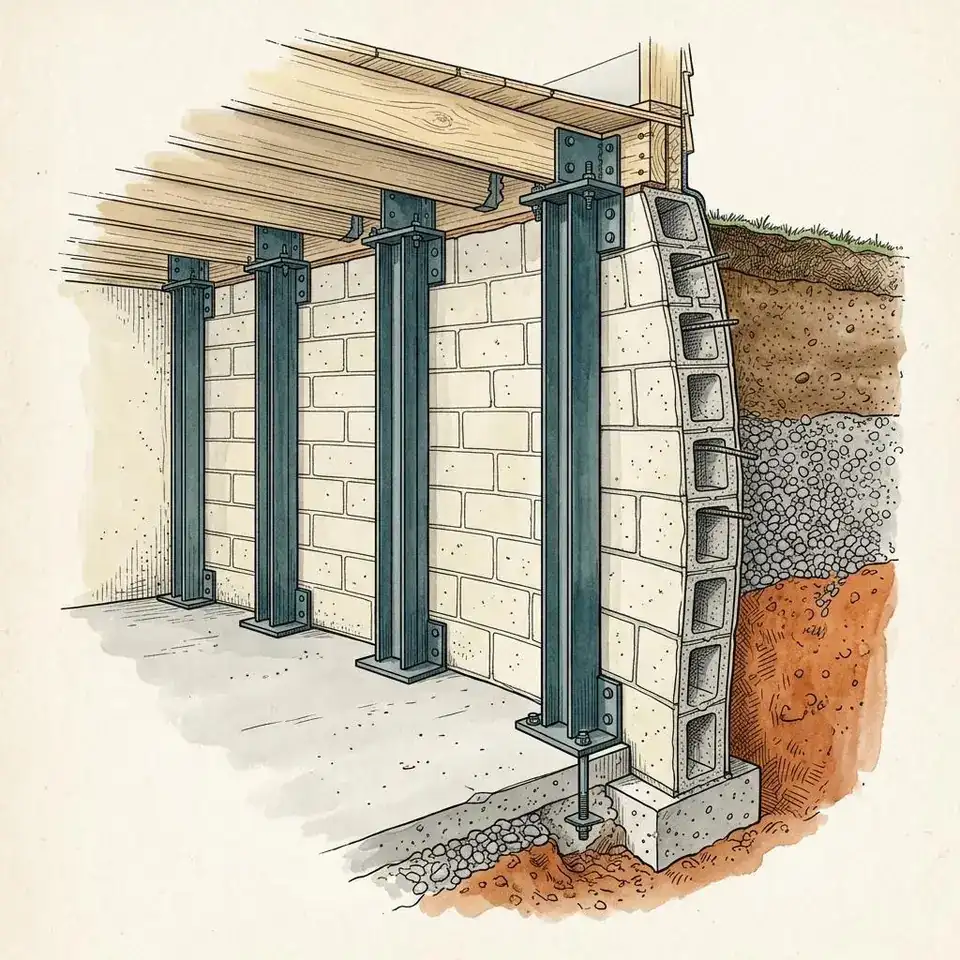 Illustration of vertical steel beams reinforcing a block basement wall.