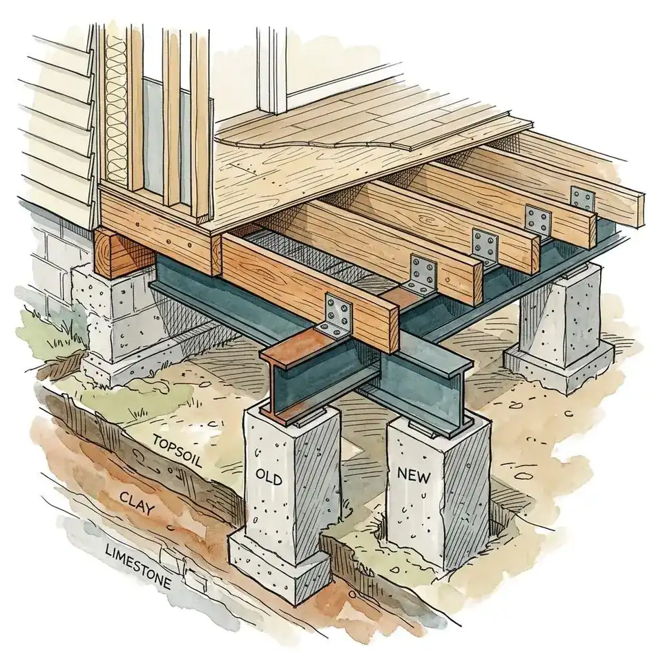 Illustration of new beams and sistered joists over masonry piers.