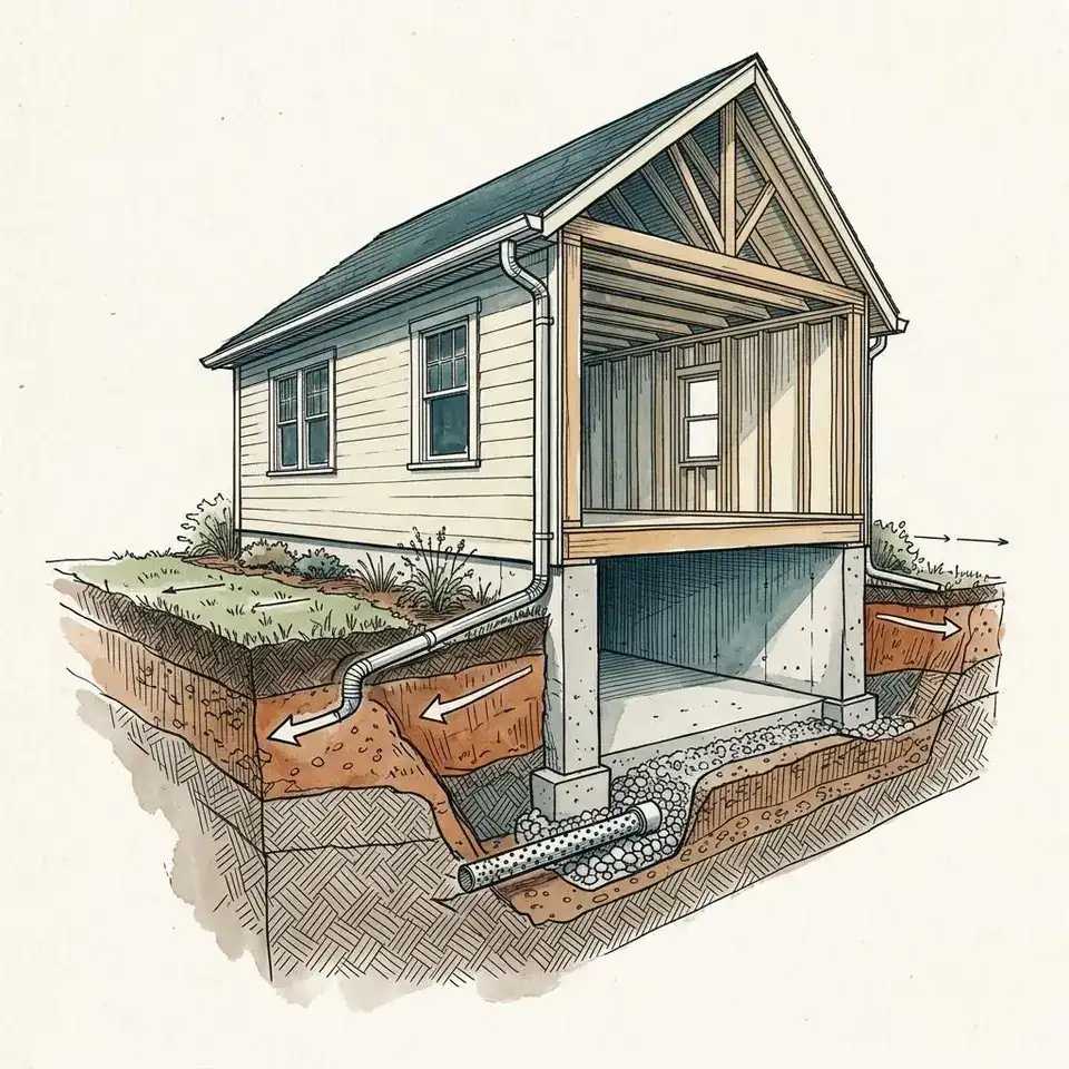 Illustration of downspout lines and graded soil directing water from a foundation.