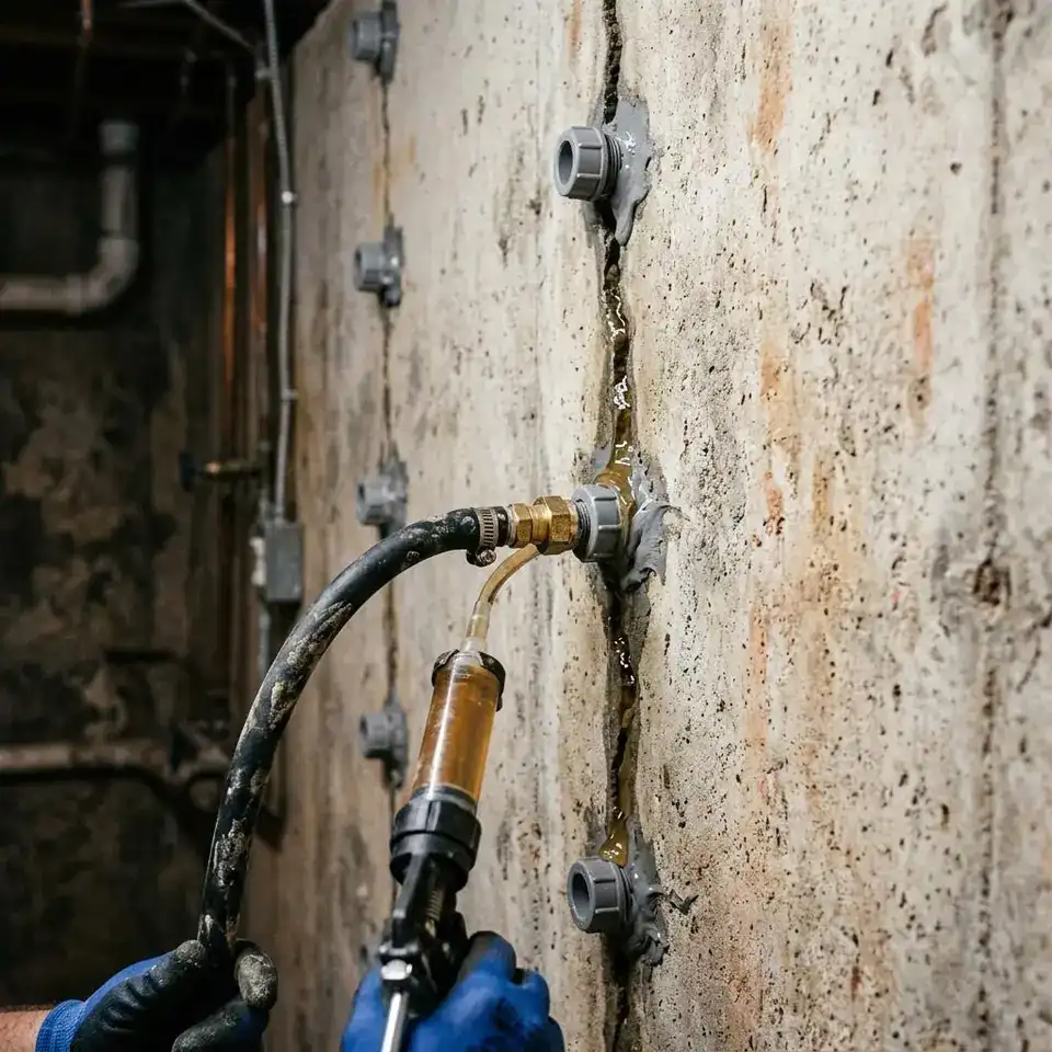 Vertical crack in a poured concrete basement wall with injection ports set along its length