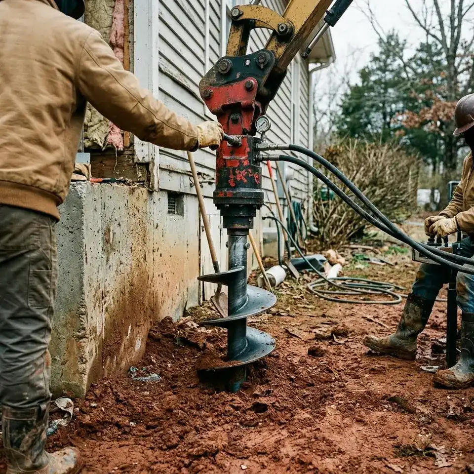 Helical steel pier with spiral plates being turned into red clay soil beside a foundation
