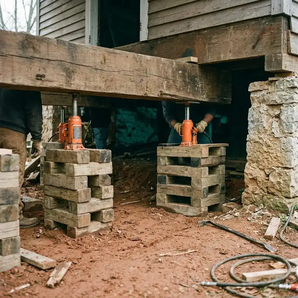 Hydraulic jacks and timber cribbing raising the wooden beam of an older farmhouse