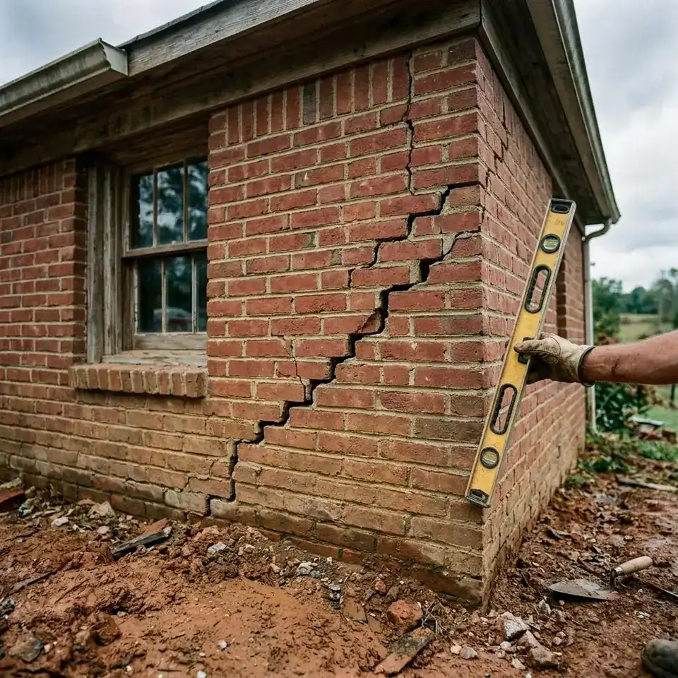 Stair step mortar cracks at the corner of a brick home with a level held against the wall