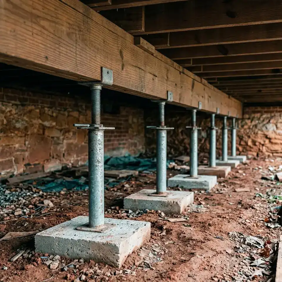 Row of galvanized adjustable steel support posts on concrete pads under a wood girder